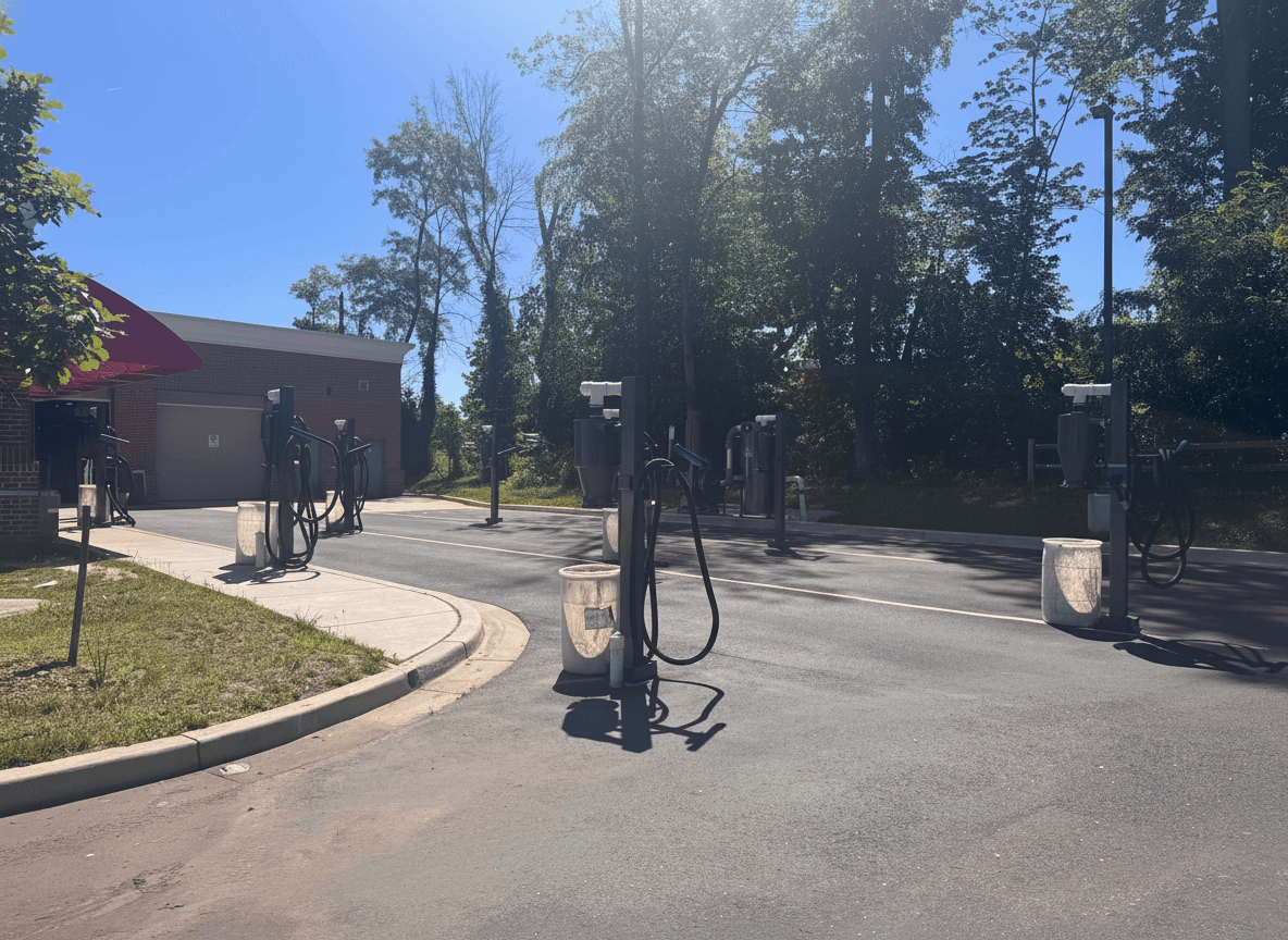 Vista Carwash vacuum and prep stations at the entrance